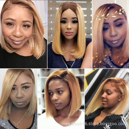 Natural Straight Ombre Colored Brazilian Virgin Human Hair Lace Front Short Bob Wigs for Black Women